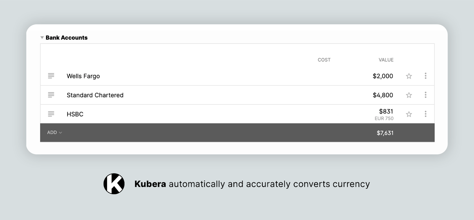 Kubera automatically and accurately converts currency